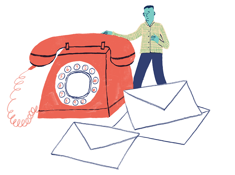 Whimsical illustration of a man next to a giant telephone and strewn about envelopes