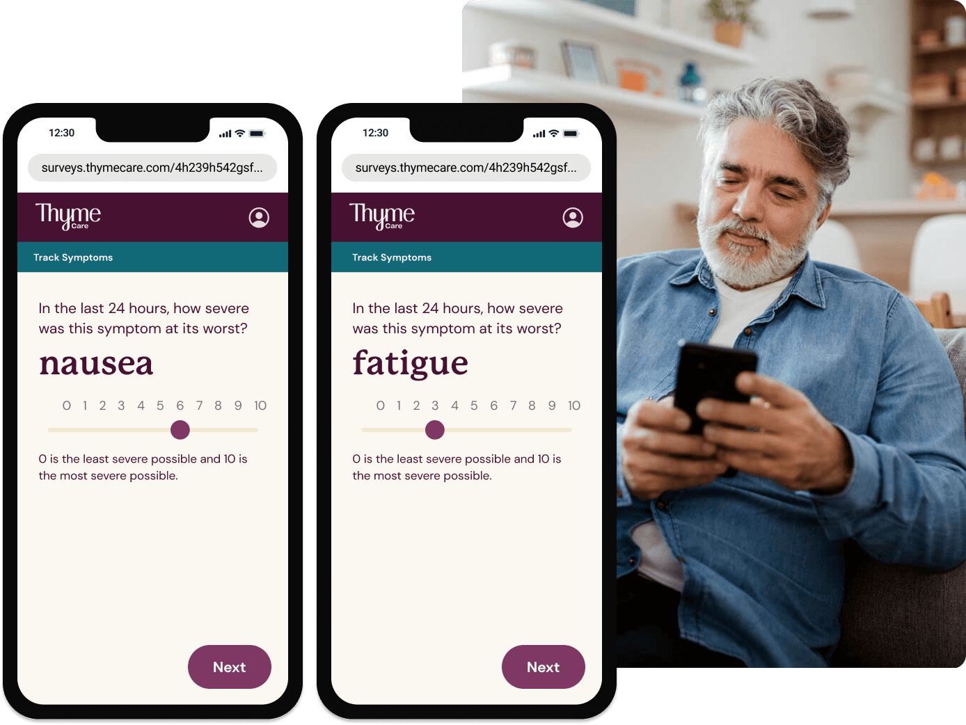 Two screens showing Thyme Care Connect symptom tracker, next to an image of a man with gray hair and a beard looking at his phone