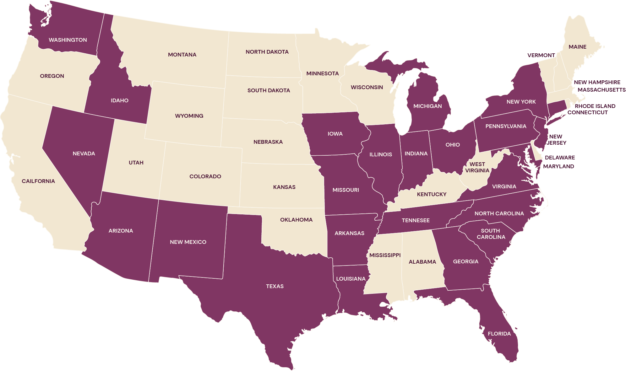 A map of the United States highlights the states where Thyme Care services are available, shaded in purple, covering a majority of the country.