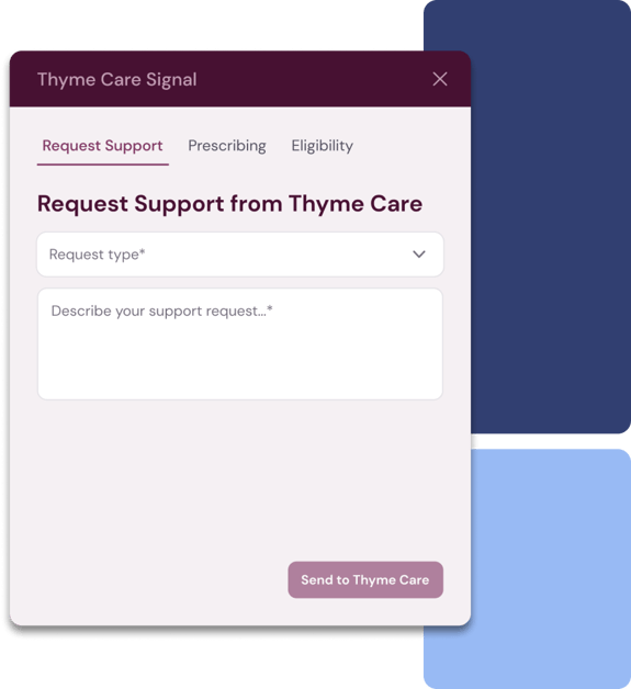 Thyme Care Signal interface with a request support form, showing options for request type and a text box to describe the support needed.