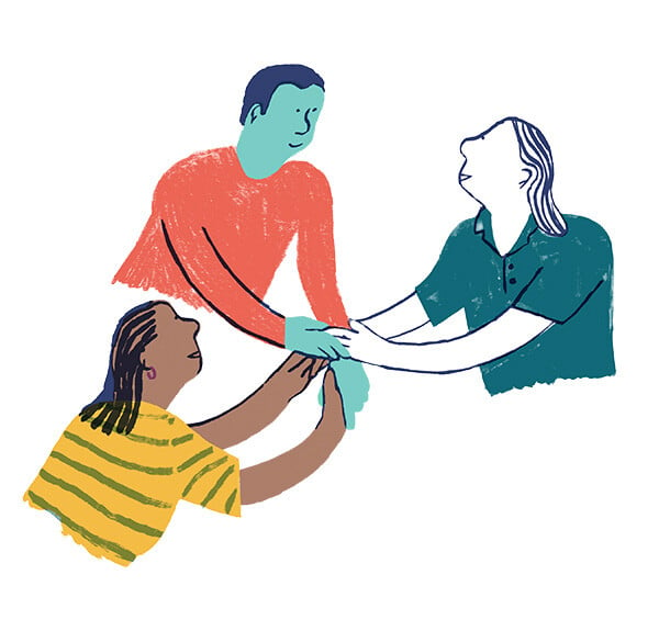 Illustration of 3 people holding hands in a gesture of teamwork and support.