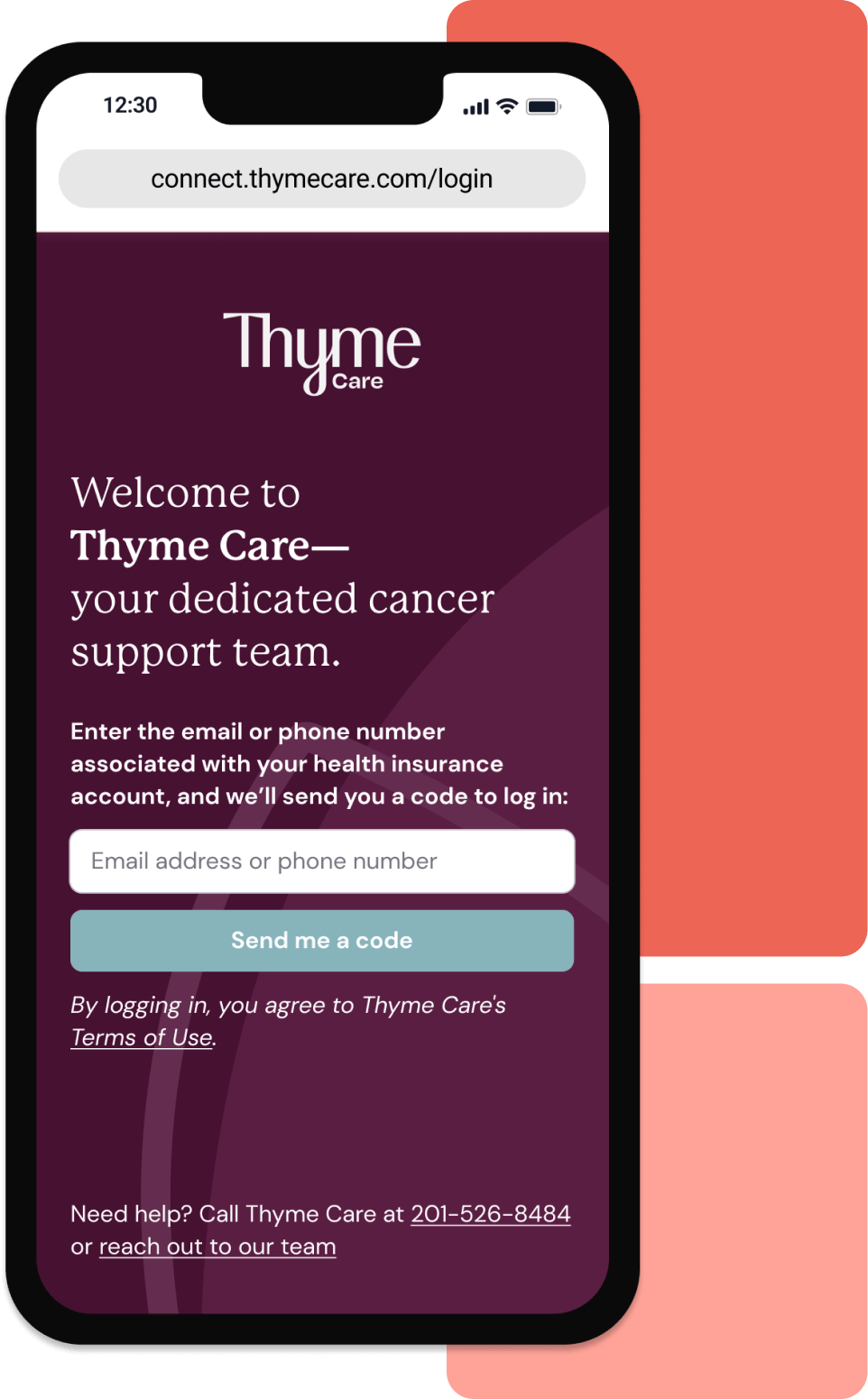 Welcome to Thyme Care—your dedicated cancer support team. Log in with email, phone, Google, or Microsoft. Need help? Call Thyme Care at 201-526-8484