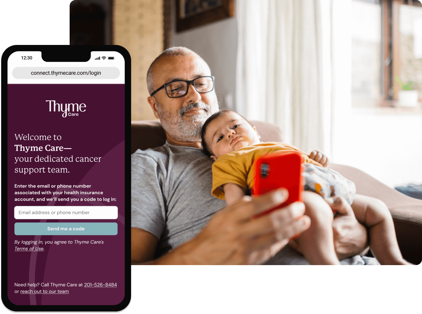 A mobile log-in screen for Thyme Care Connect overlays a photo of a middle aged man looking at a phone.