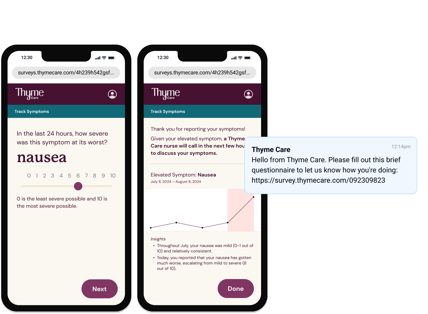 Two mobile screens of a symptom tracker for nausea. On the right side is a text from Thyme Care with the symptom tracker link.