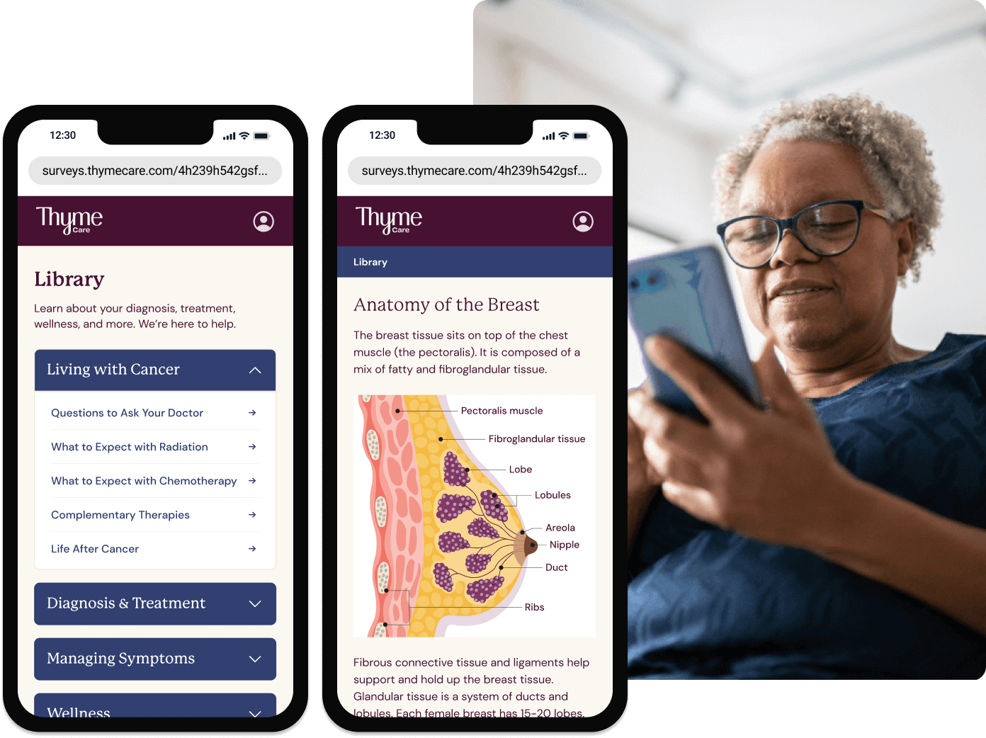 Two mobile screens show a cancer treatment guide and library menu. An senior woman uses the app in the background.